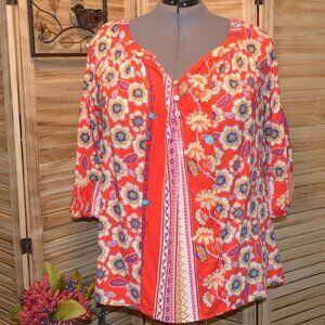 Fig and Flower Anthro 3X Red Floral Tunic Top 3/4 Sleeves